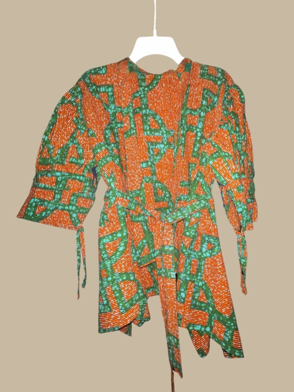 African Print Wrap Top Orange Green Puff Sleeve Belted Free Size